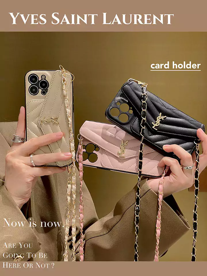 イヴ・サンローラン iPhone16 ケース 皮革製 ショルダー付き 金属ロゴ カード収納 斜め掛け レディースファッション トレンド 韓国風